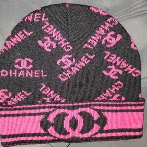 Chanel Black and Pink Logo Beanie